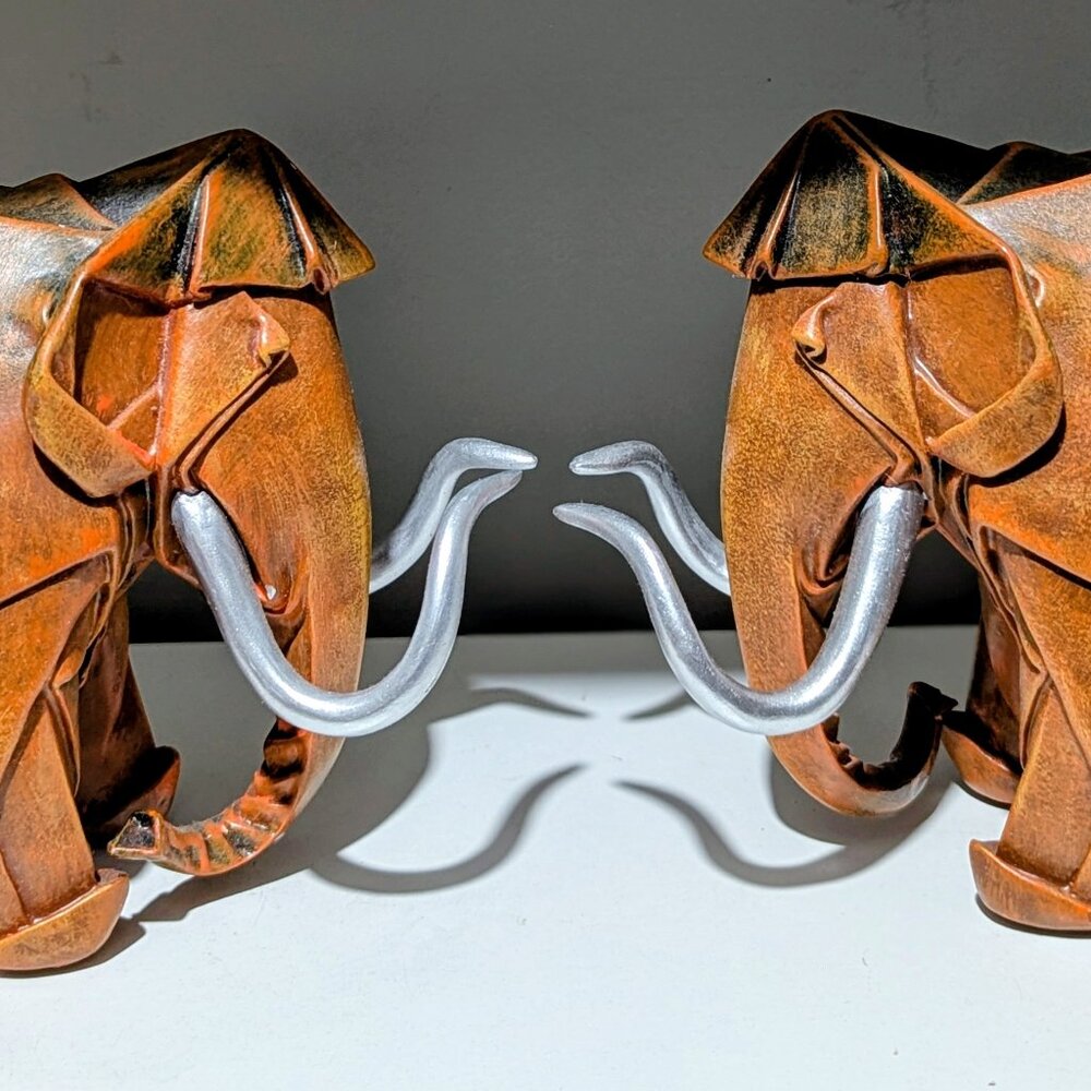 Pair of Modern Resin & Aluminum Mammoth Sculptures – Origami Style